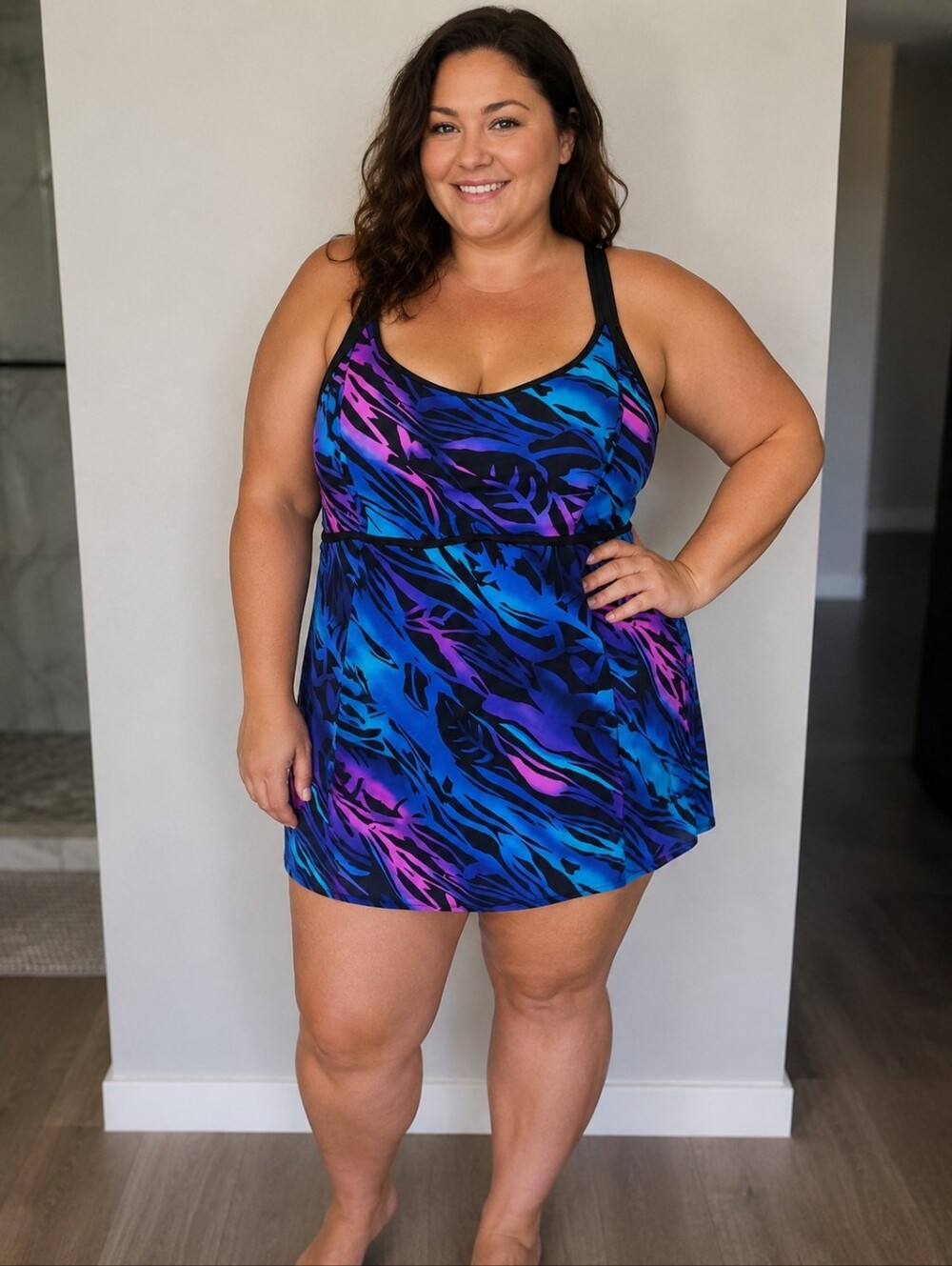 NWOT Women’s Swim Dress One Piece Swimsuit Blue Purple Size 16